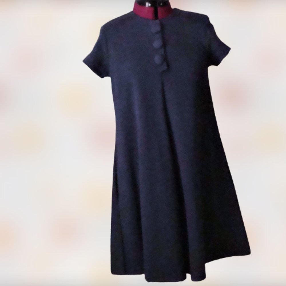 Vintage Petite A-Line Structured Shoulder Dark Blue Heavy Cotton Knit Dress